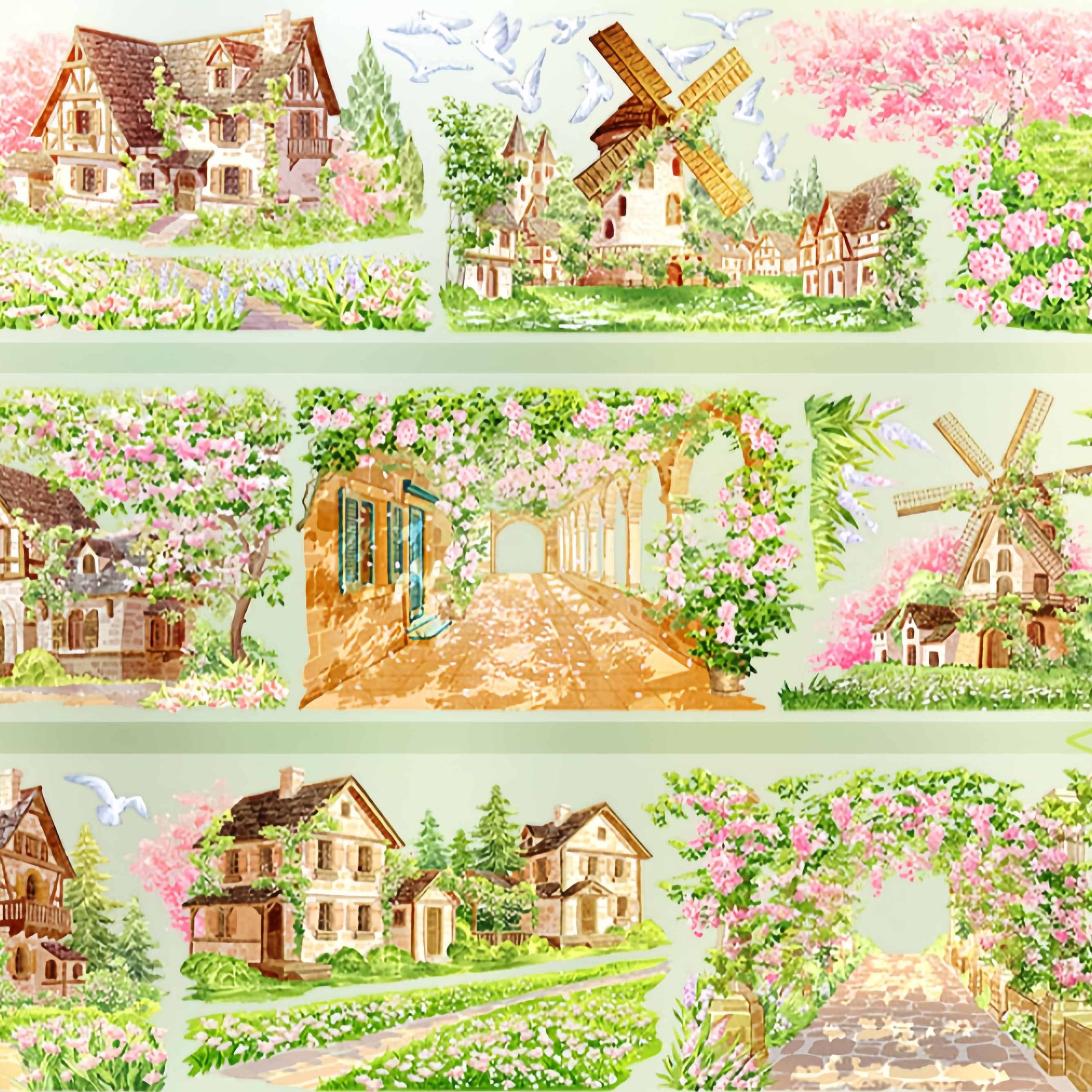 Pink rose village with cottages and flower-lined roads PET tape design