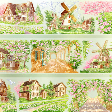 Pink rose village with cottages and flower-lined roads PET tape design