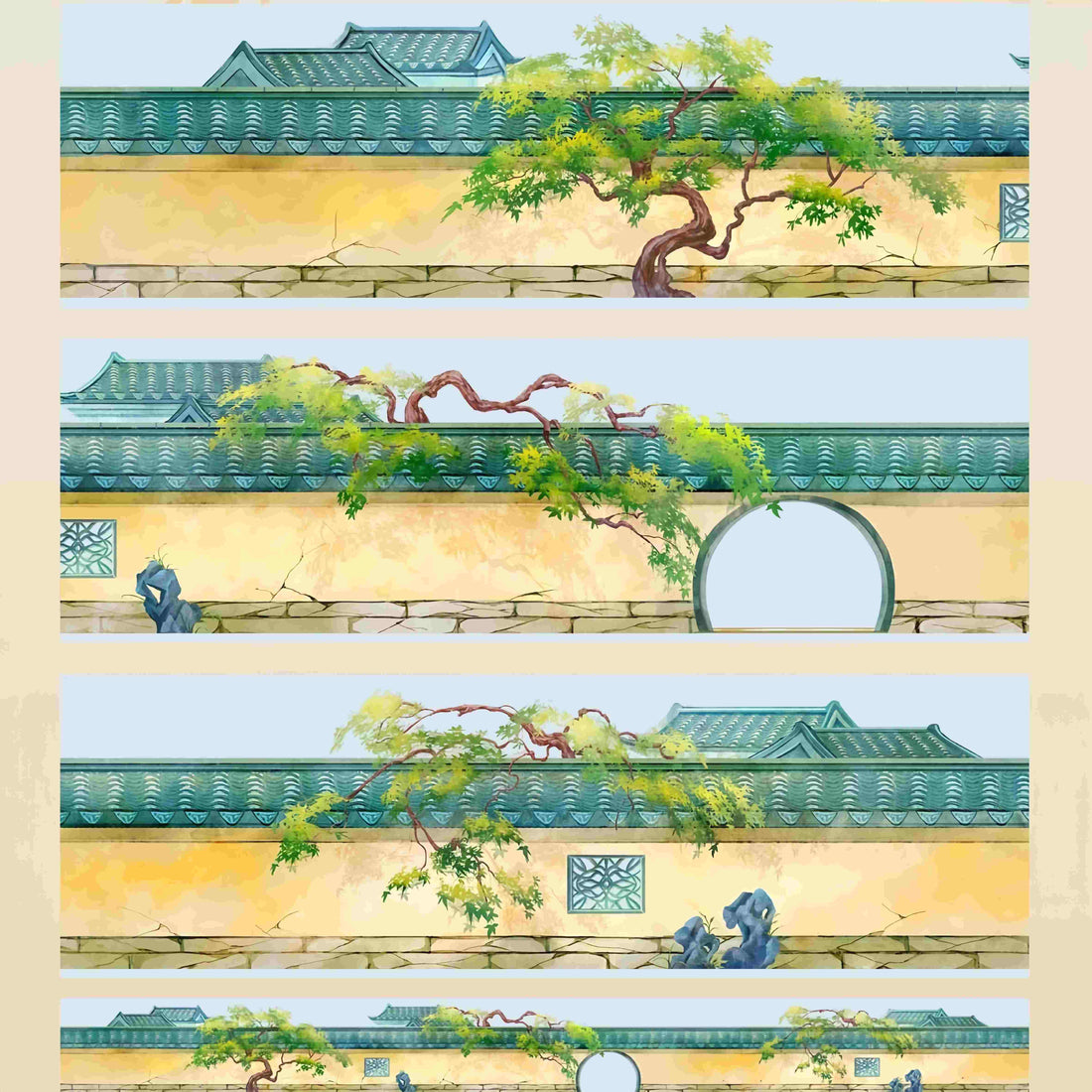 Moon gate garden wall PET tape featuring a traditional Chinese garden gate with overhanging autumn branches