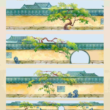 Moon gate garden wall PET tape featuring a traditional Chinese garden gate with overhanging autumn branches