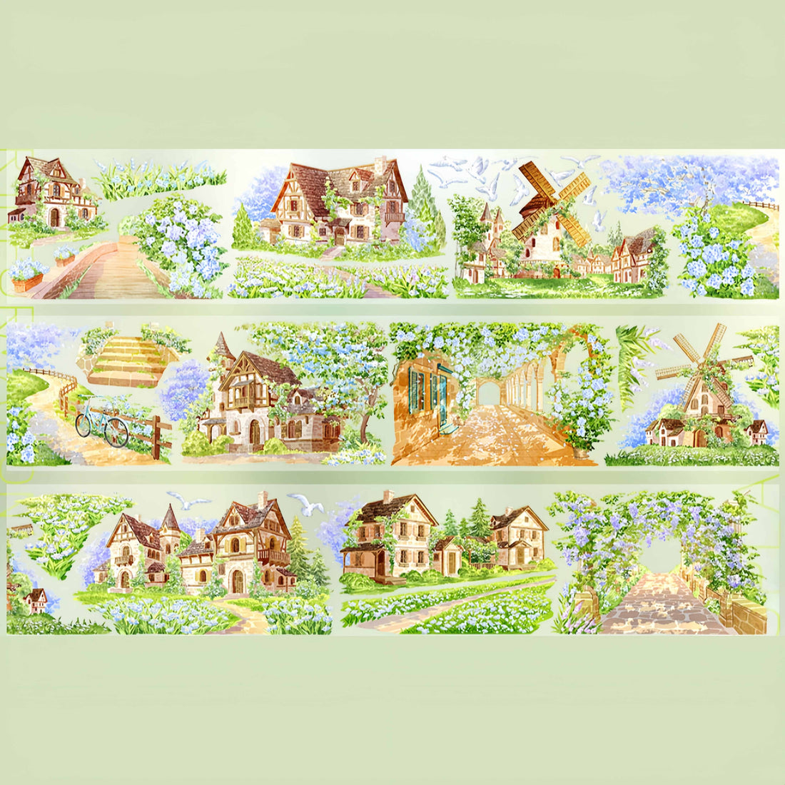 Blue hydrangea village with fairytale cottages PET tape design