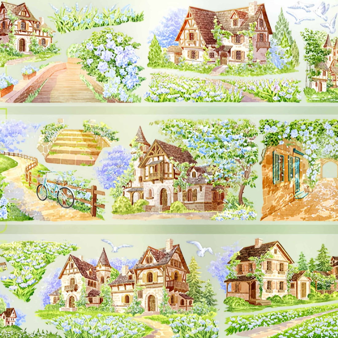 Blue hydrangea village with fairytale cottages PET tape design