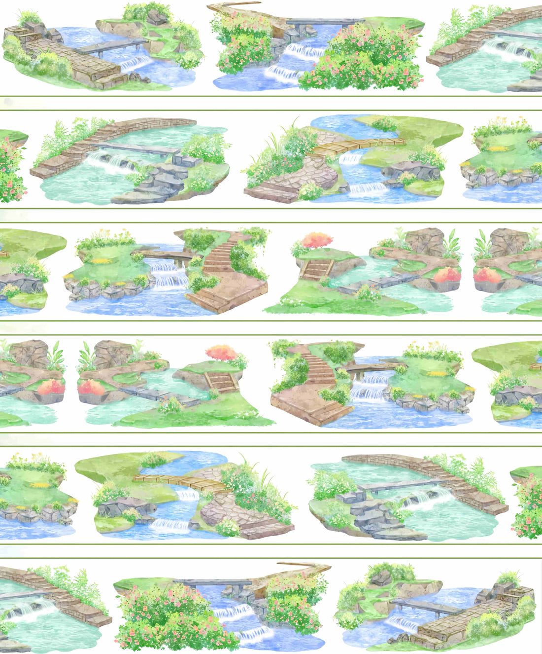 Small stone and wooden bridges crossing cascading garden streams