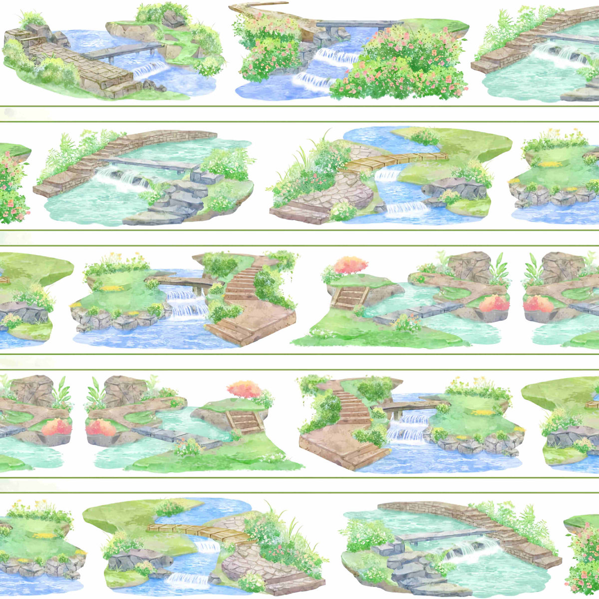 Small stone and wooden bridges crossing cascading garden streams