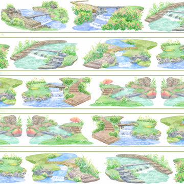 Small stone and wooden bridges crossing cascading garden streams