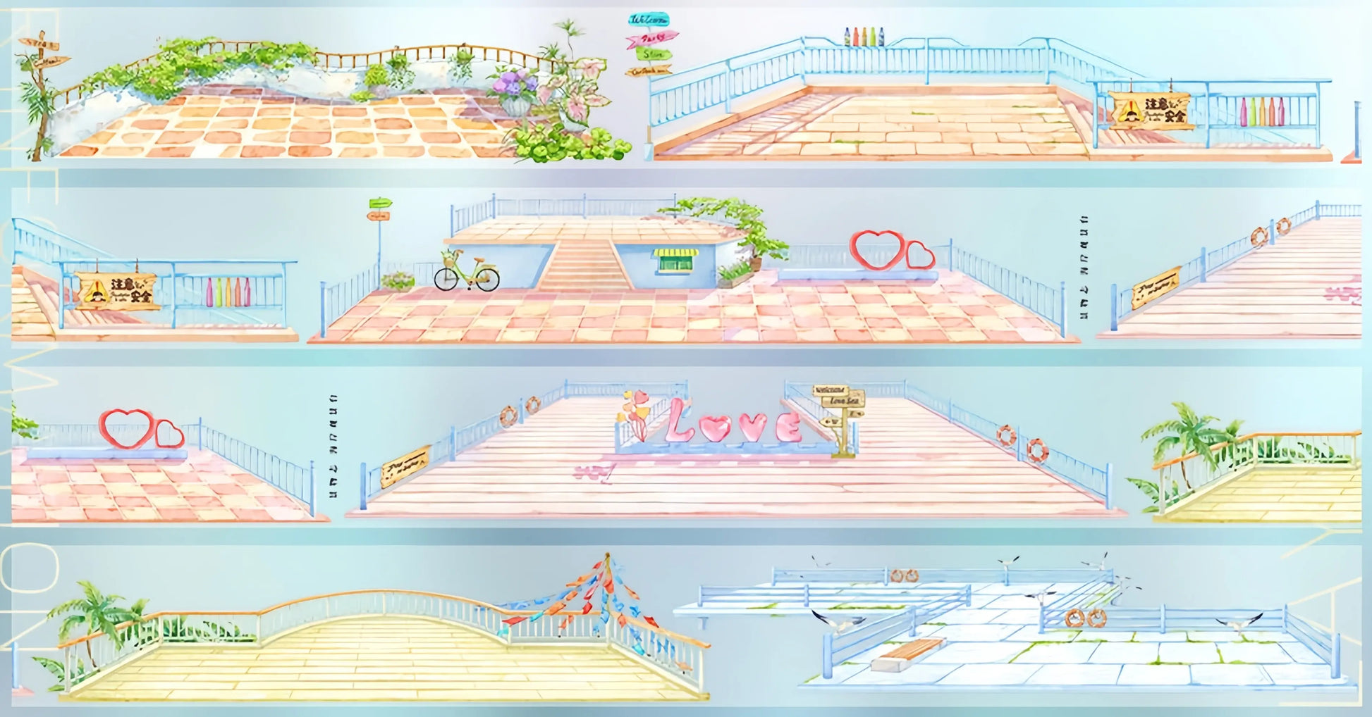 Summer scene-building decorative tape with terraces, corridors, windows, railings, ocean waves, and coastal lookout designs - image 20