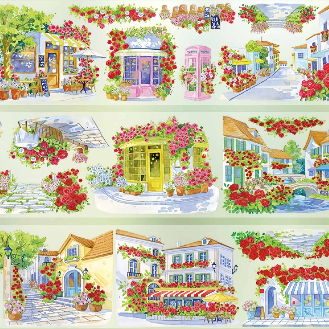 Rose-covered town street with shops and flowers PET tape design
