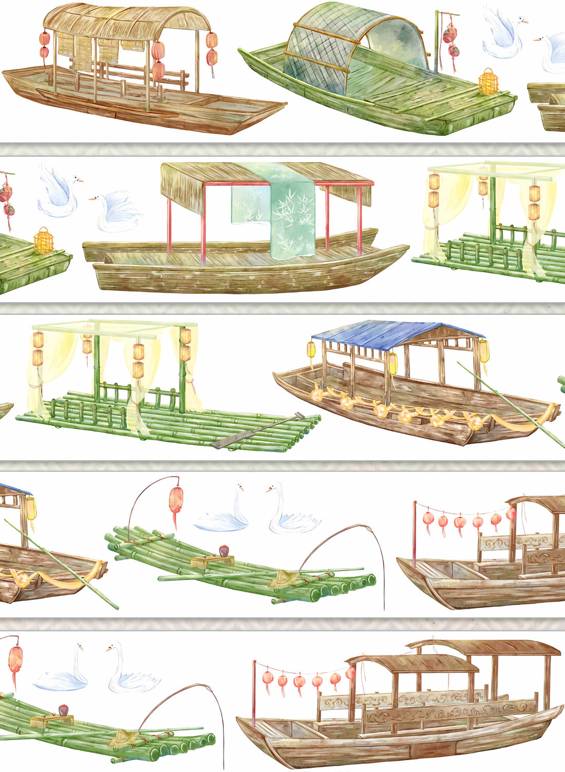 Traditional wooden canopy boats with red lanterns and cranes in flight