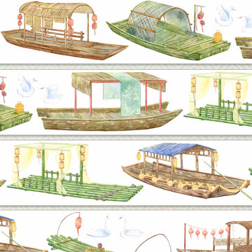 Traditional wooden canopy boats with red lanterns and cranes in flight