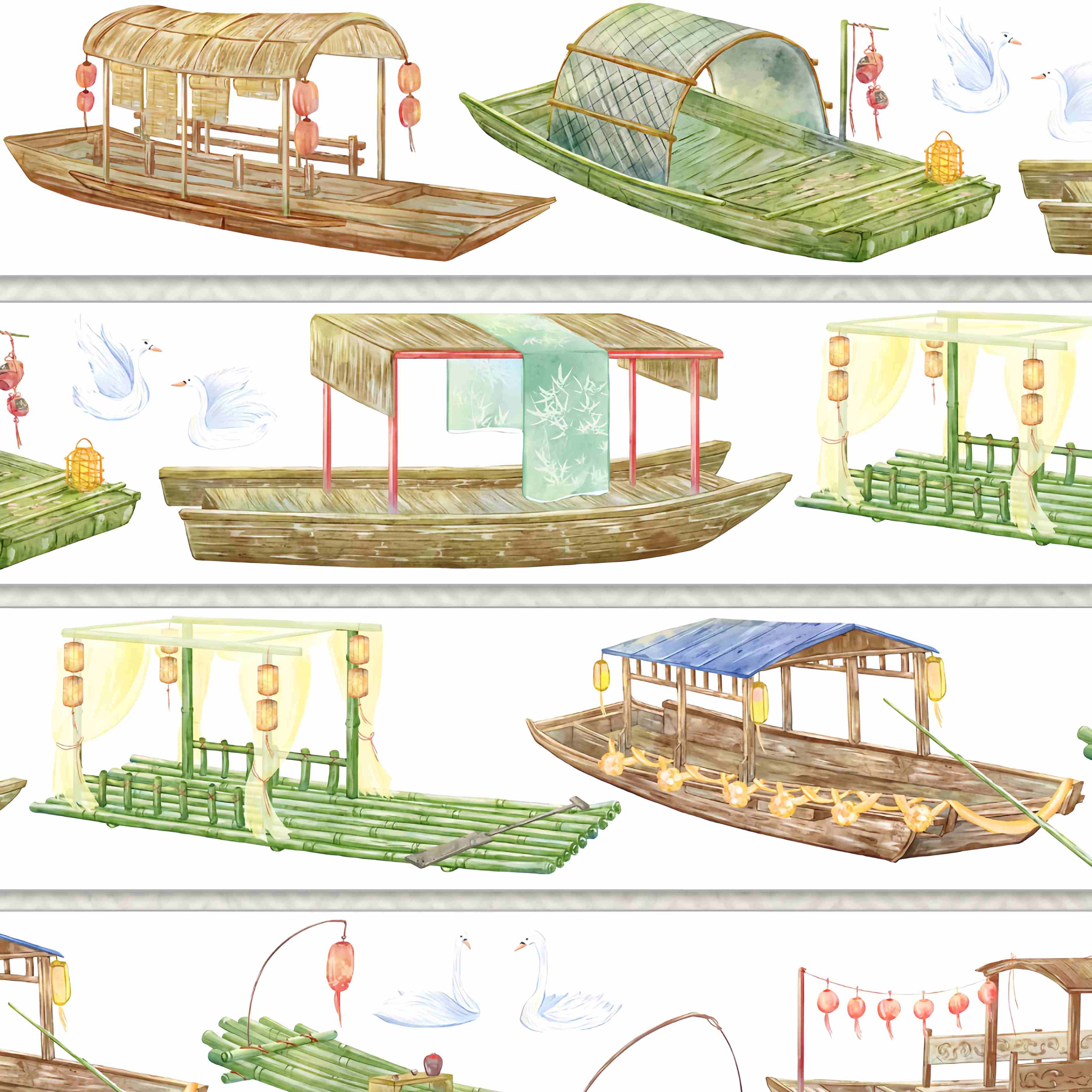 Traditional wooden canopy boats with red lanterns and cranes in flight