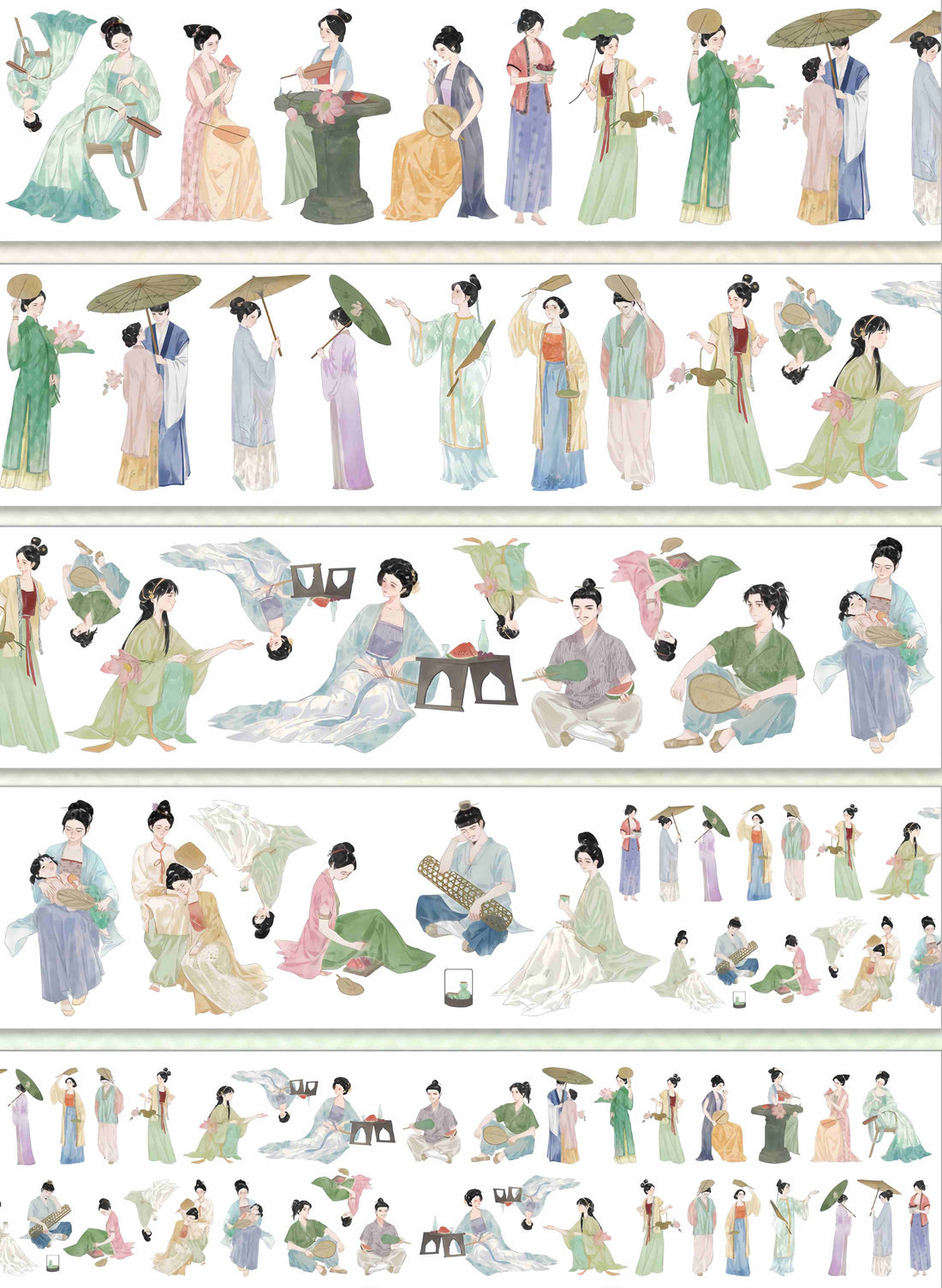 Elegant Chinese ladies in flowing summer hanfu with fans and lotus flowers
