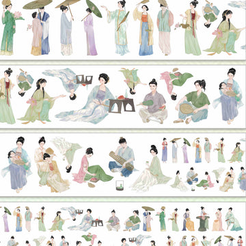 Elegant Chinese ladies in flowing summer hanfu with fans and lotus flowers