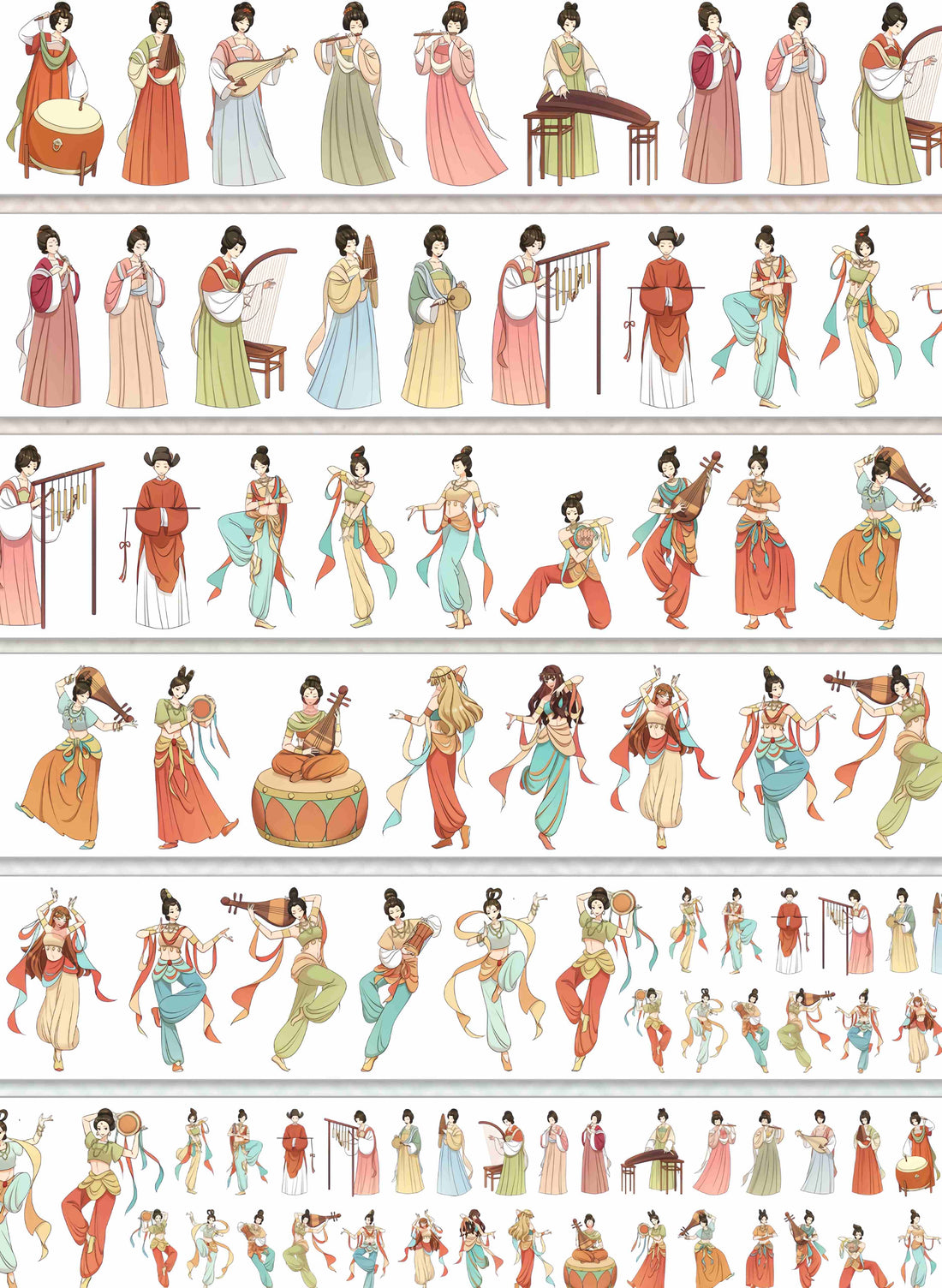 Classical Chinese court dancers and musicians in flowing colorful robes