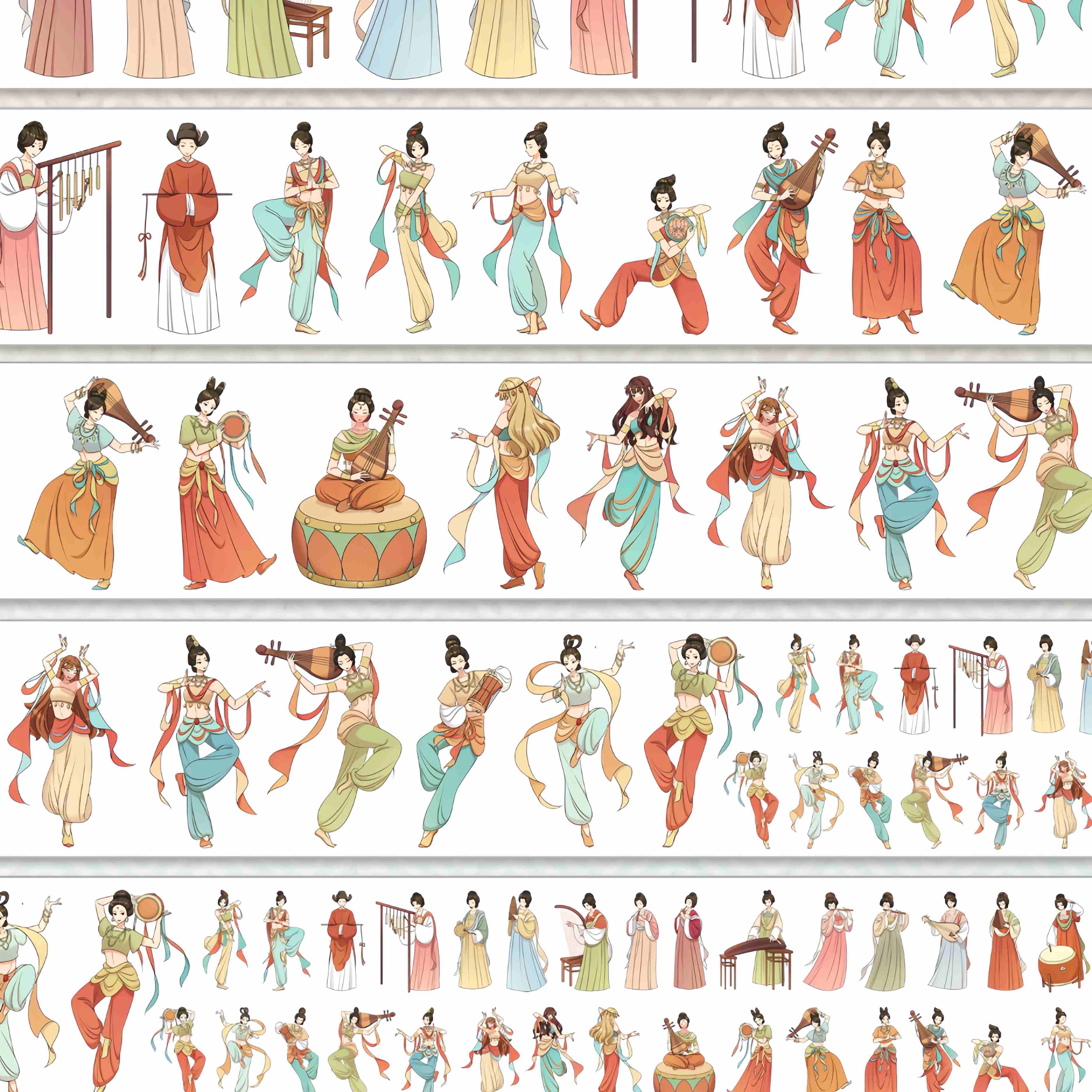 Classical Chinese court dancers and musicians in flowing colorful robes