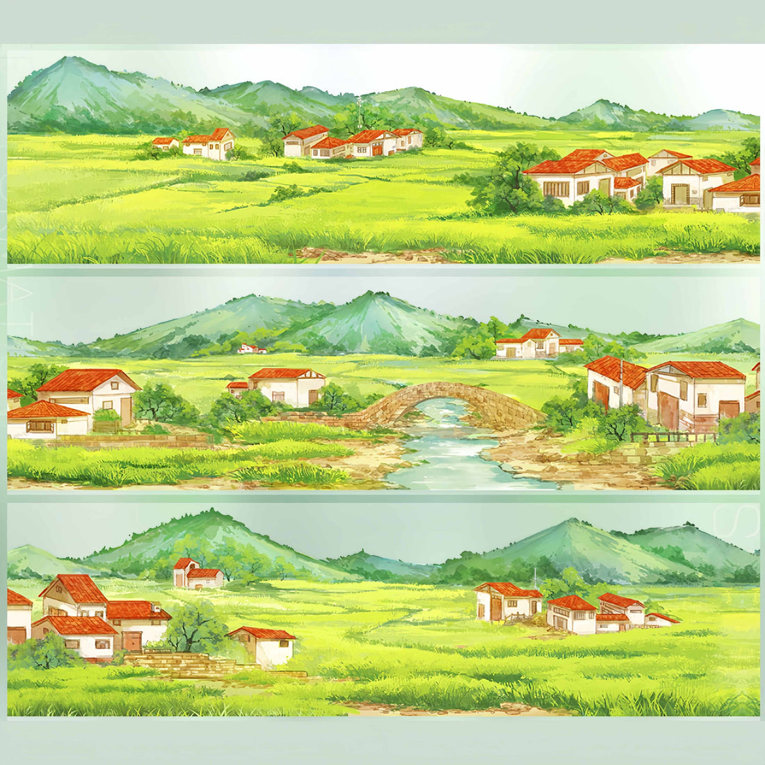 Countryside rice fields with mountain villages and bridge PET tape design