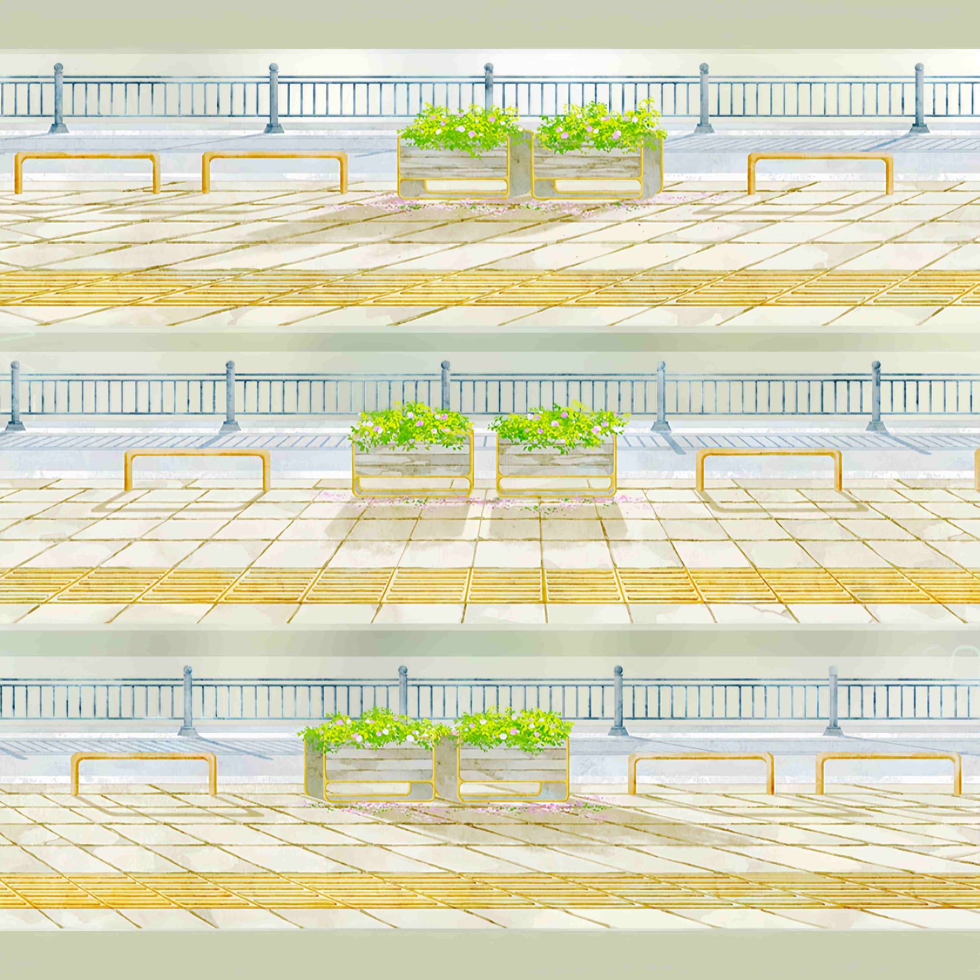 Pale tiled walkway with railings PET tape design