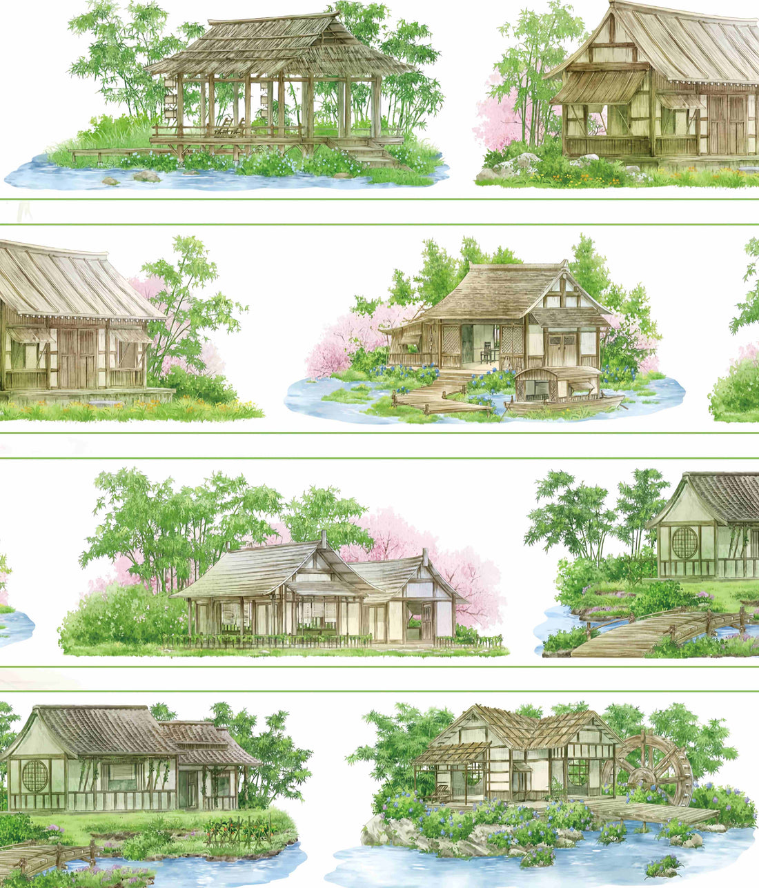Traditional wooden cottages by a stream with cherry blossoms and a water wheel
