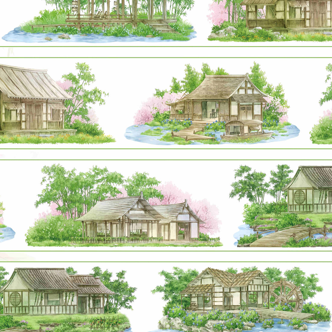 Traditional wooden cottages by a stream with cherry blossoms and a water wheel