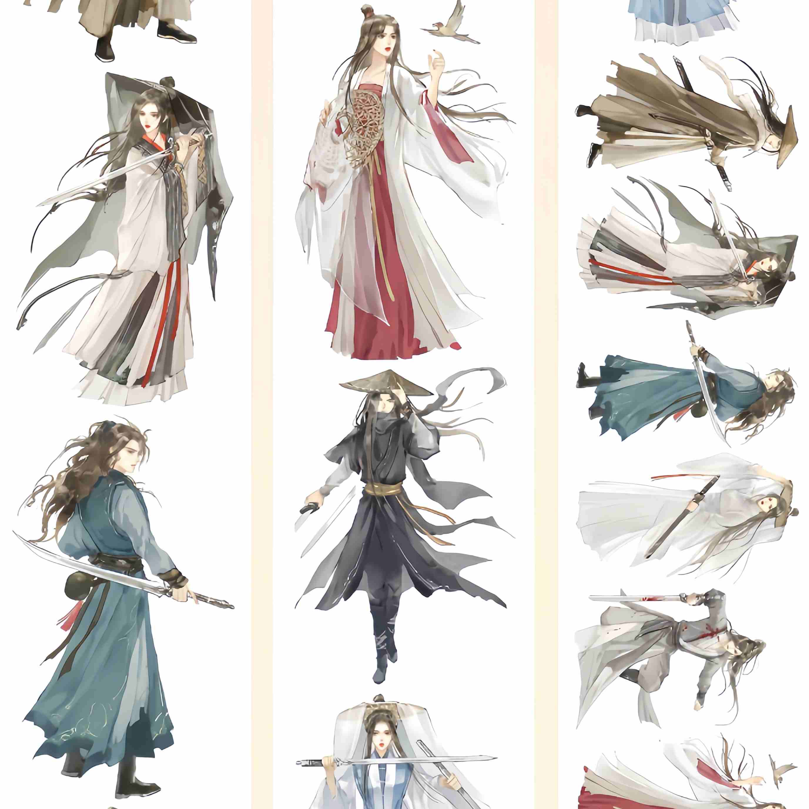 Elegant wuxia swordsman and swordswoman figures in flowing traditional robes