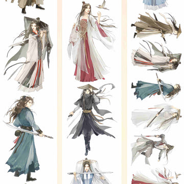 Elegant wuxia swordsman and swordswoman figures in flowing traditional robes