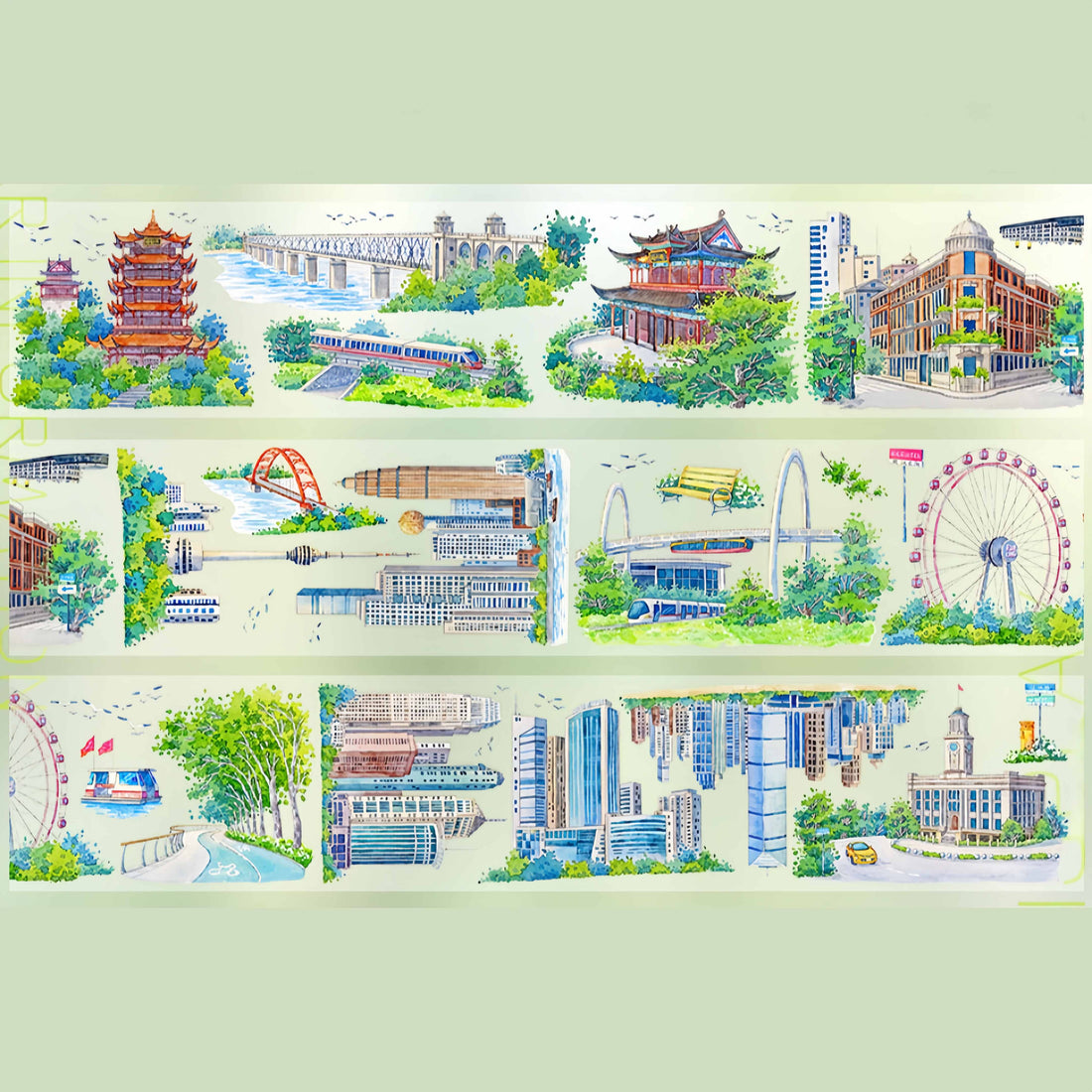Wuhan riverside city scenes with bridge and pagoda PET tape design
