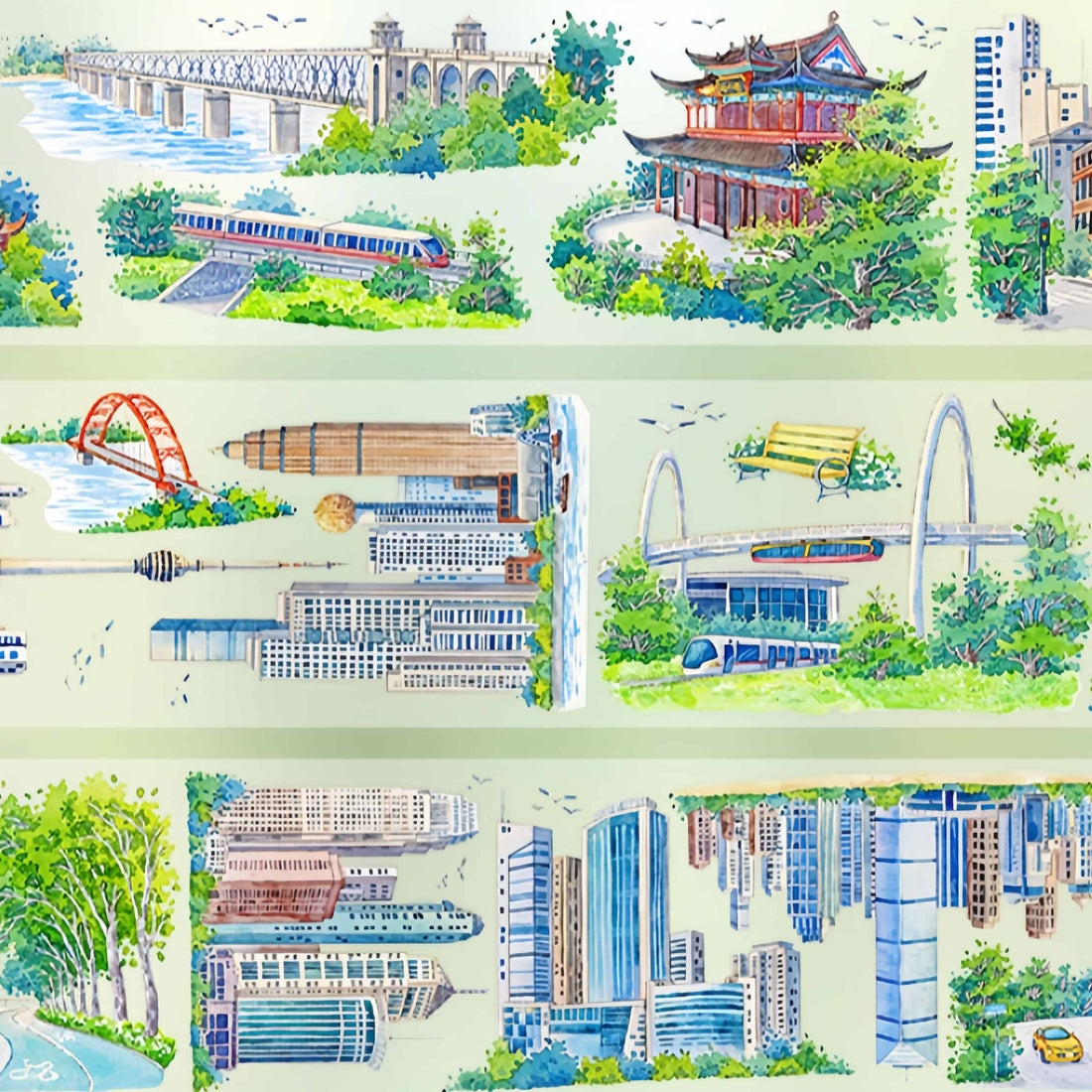 Wuhan riverside city scenes with bridge and pagoda PET tape design