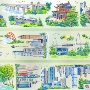 Wuhan riverside city scenes with bridge and pagoda PET tape design