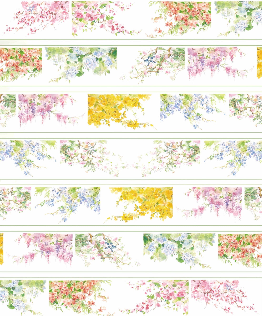 Colorful mixed blossom clusters of cherry, wisteria, and golden blooms with small birds