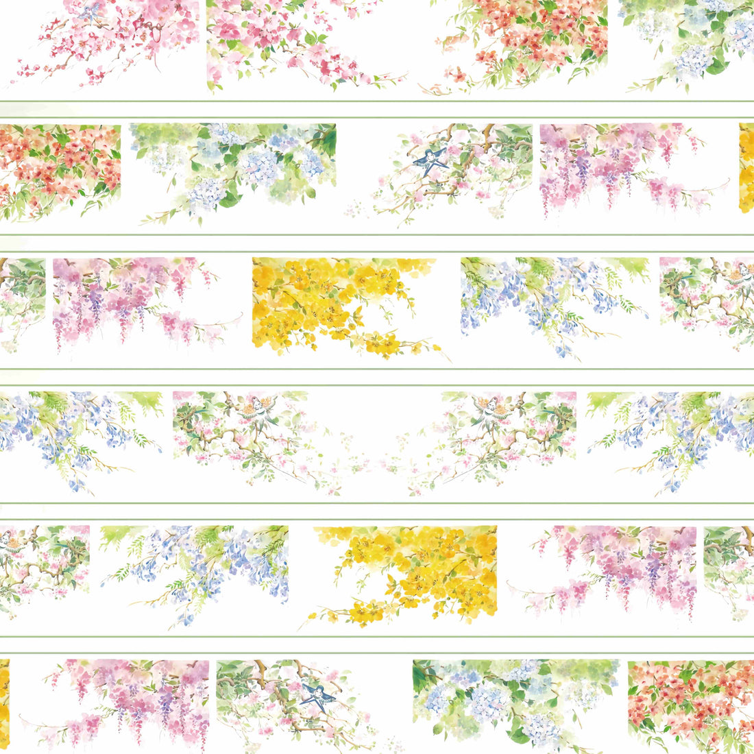 Colorful mixed blossom clusters of cherry, wisteria, and golden blooms with small birds