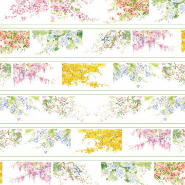 Colorful mixed blossom clusters of cherry, wisteria, and golden blooms with small birds
