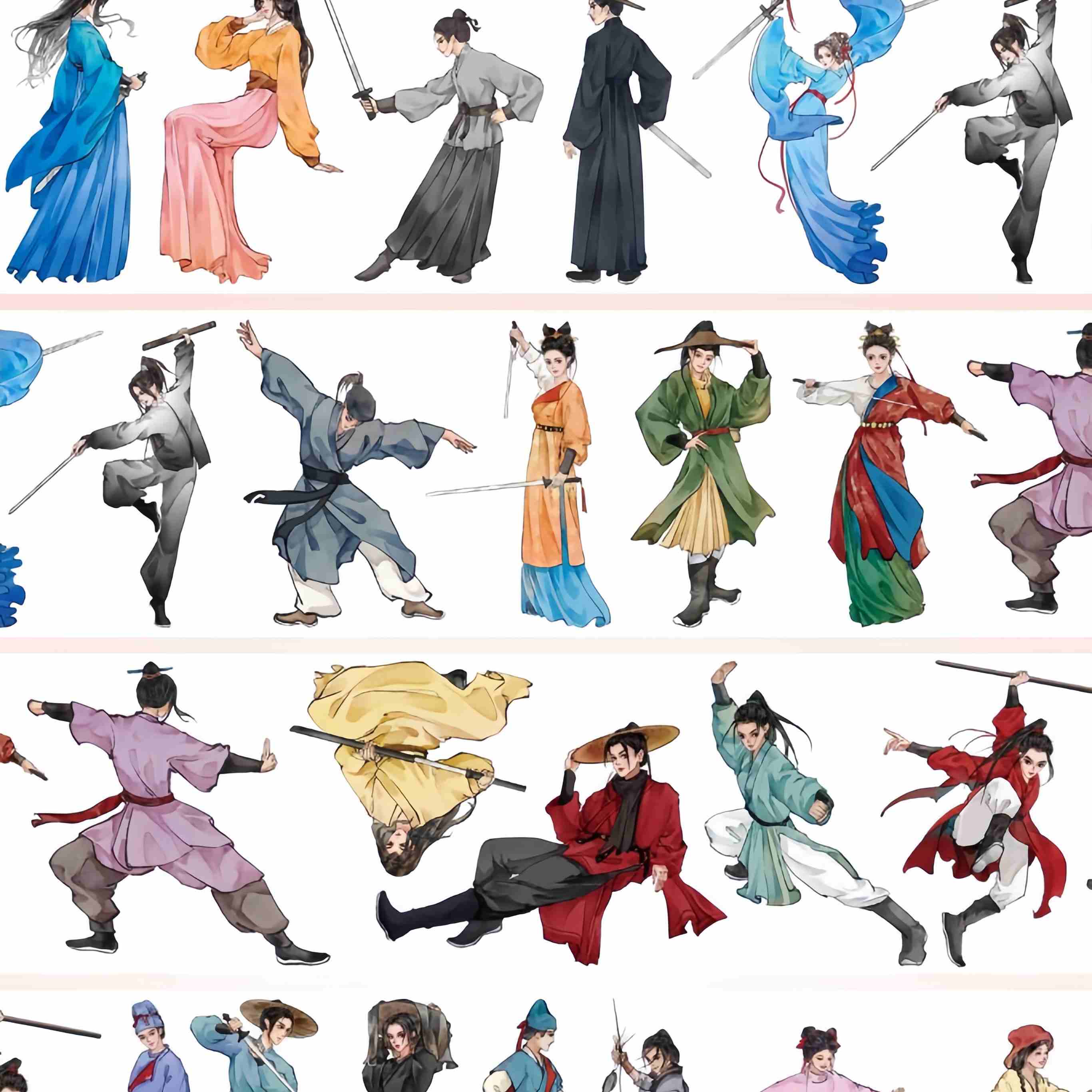 Dynamic wuxia warriors in colorful traditional robes, mid-combat poses with swords