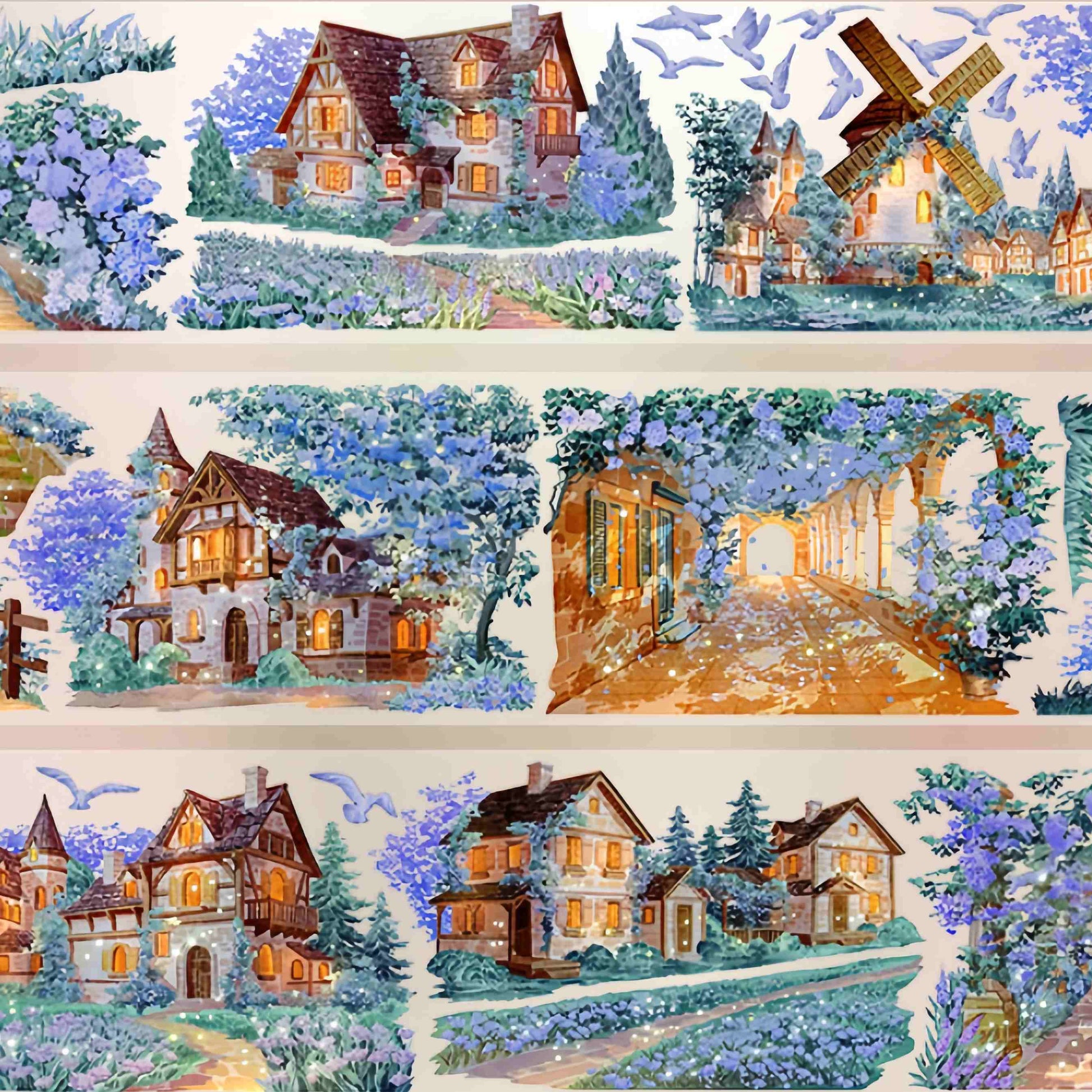 Fairytale garden village with flower cottages PET tape design