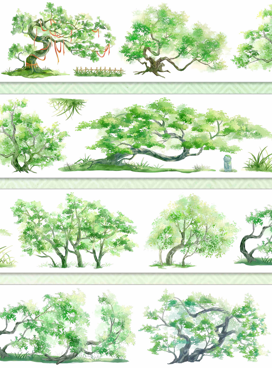 Ancient trees in soft watercolor greens, including a sacred tree wrapped with red cords