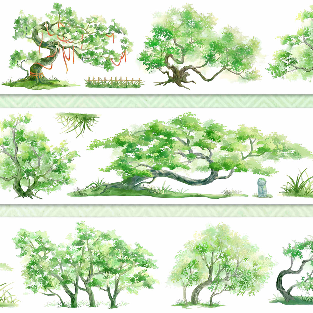 Ancient trees in soft watercolor greens, including a sacred tree wrapped with red cords