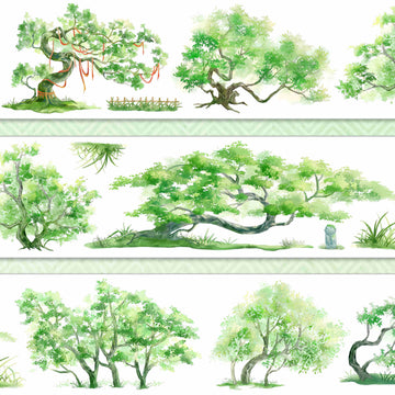 Ancient trees in soft watercolor greens, including a sacred tree wrapped with red cords