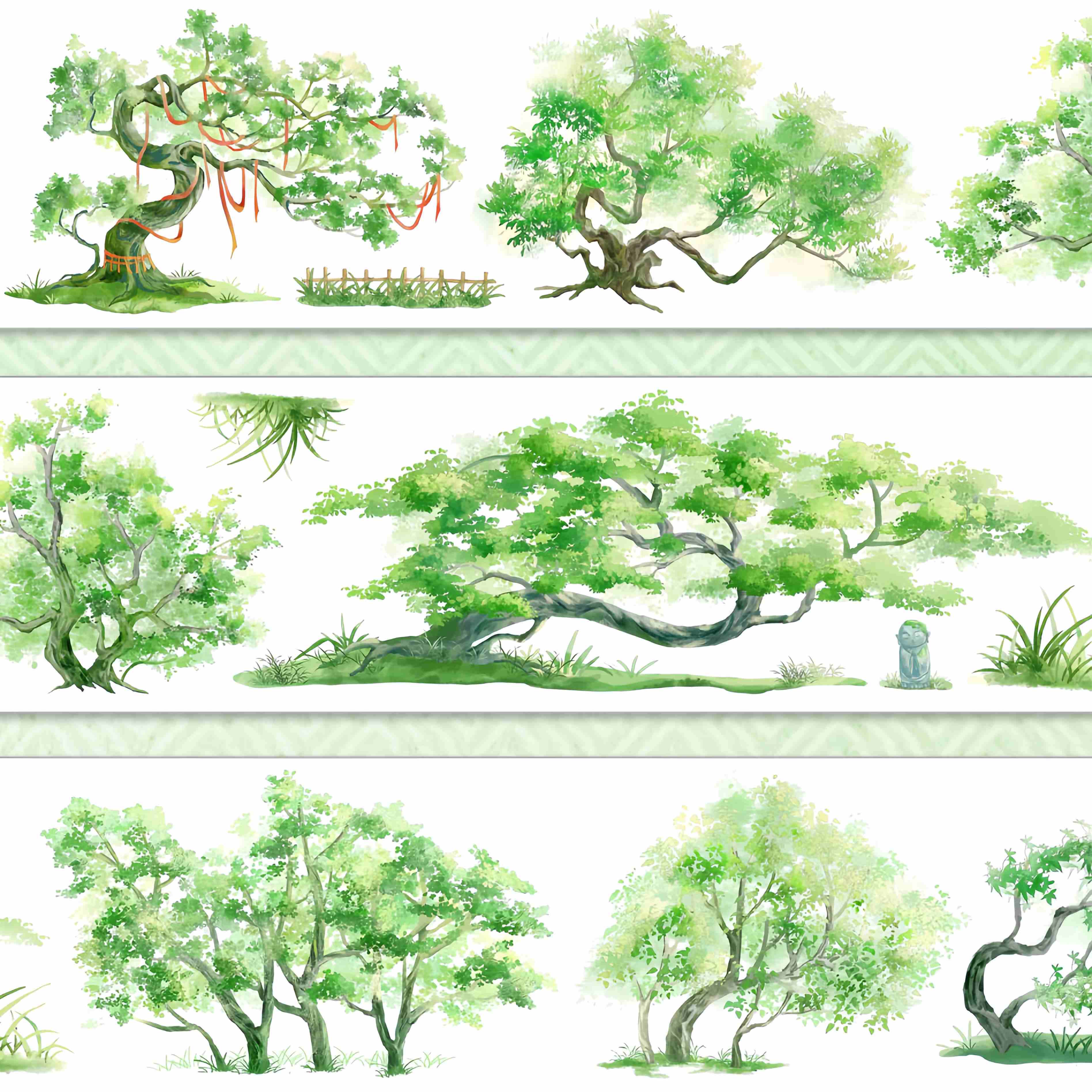 Ancient trees in soft watercolor greens, including a sacred tree wrapped with red cords