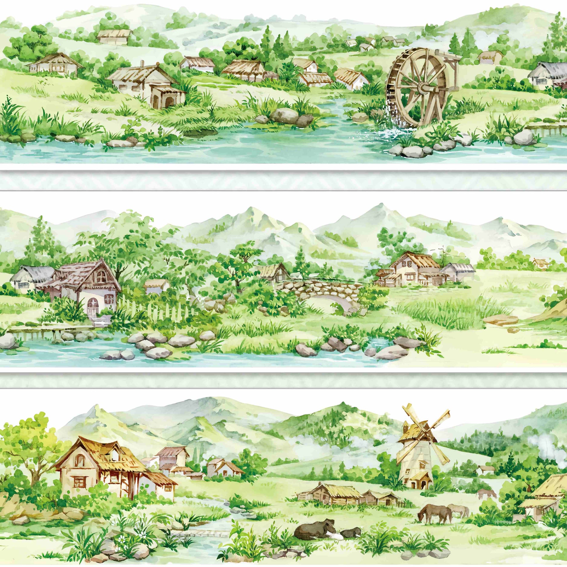 Pastoral village with a water wheel and windmill among rolling green hills