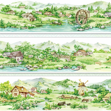 Pastoral village with a water wheel and windmill among rolling green hills