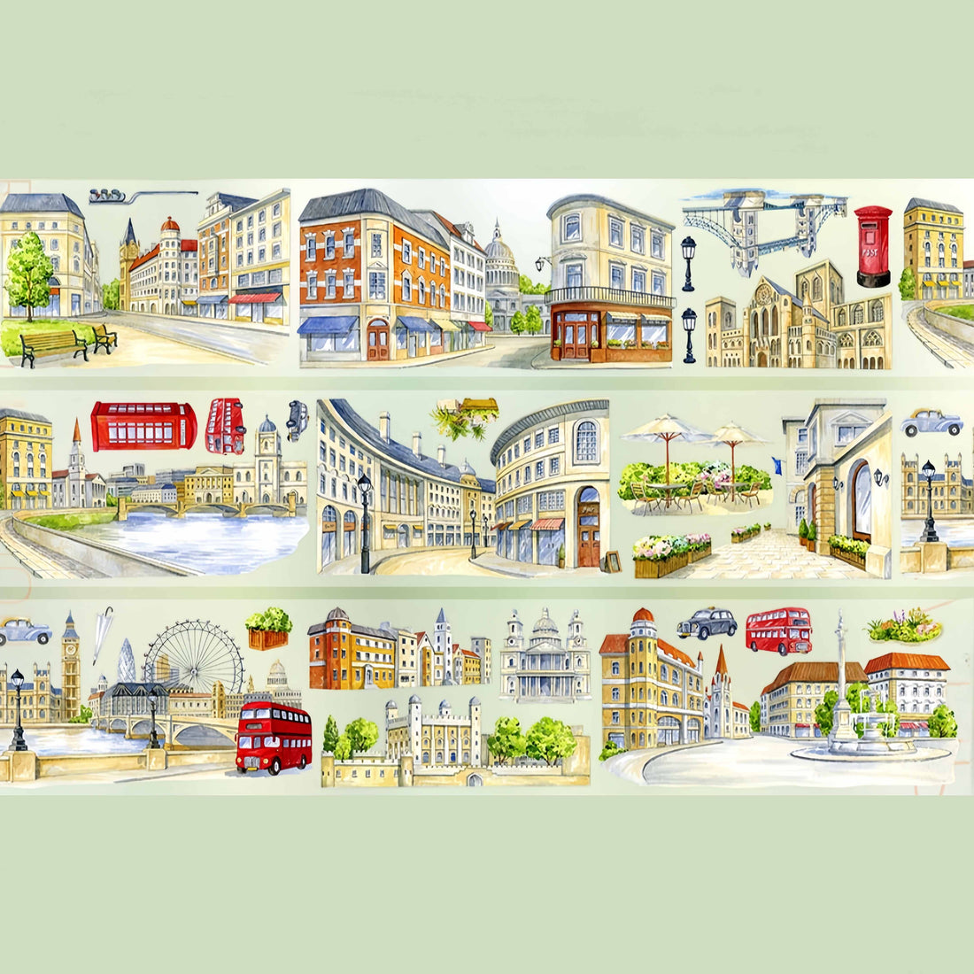 London city scenes with red bus and landmarks PET tape design