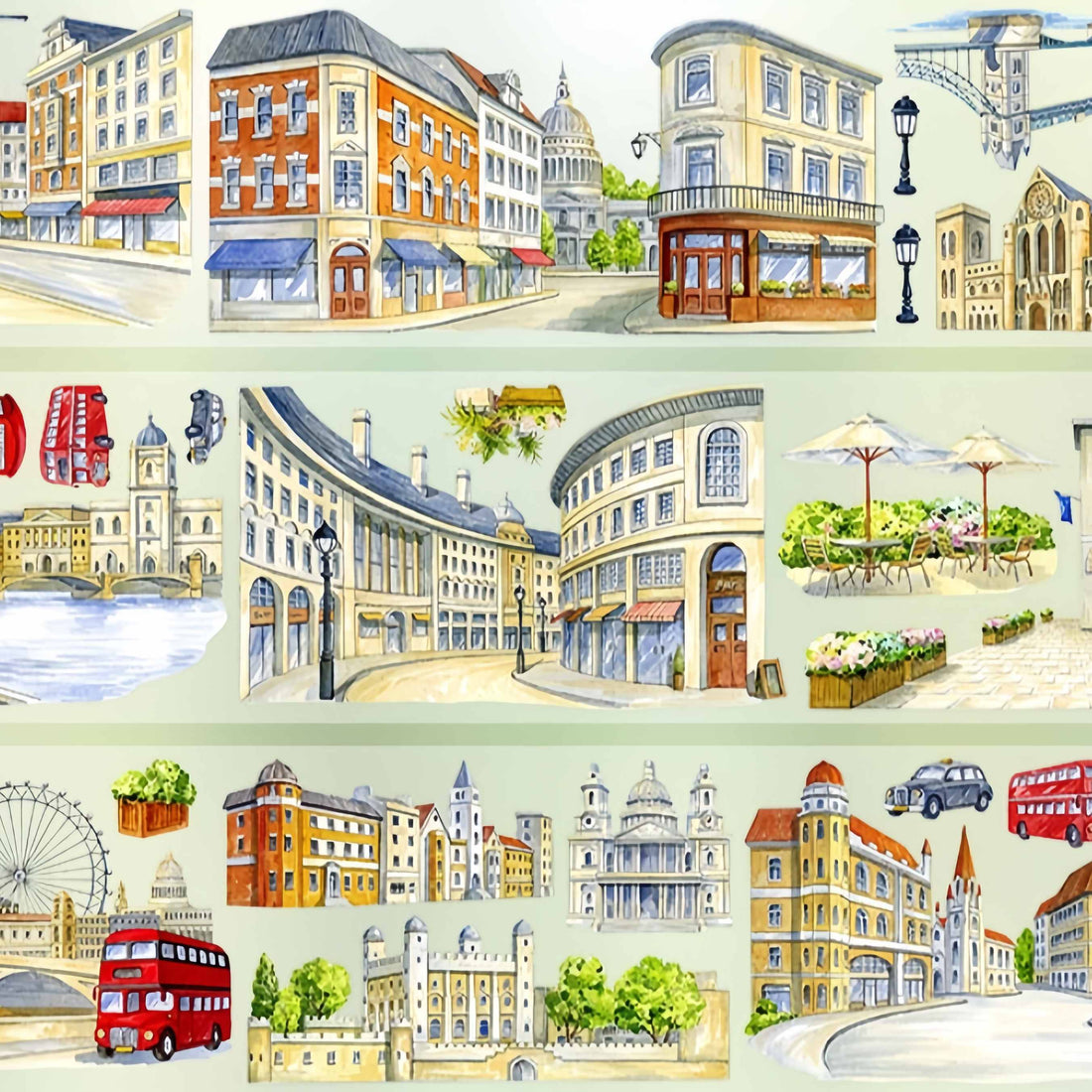 London city scenes with red bus and landmarks PET tape design