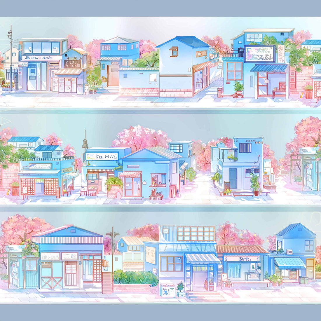Blue sakura street with pastel storefronts PET tape design