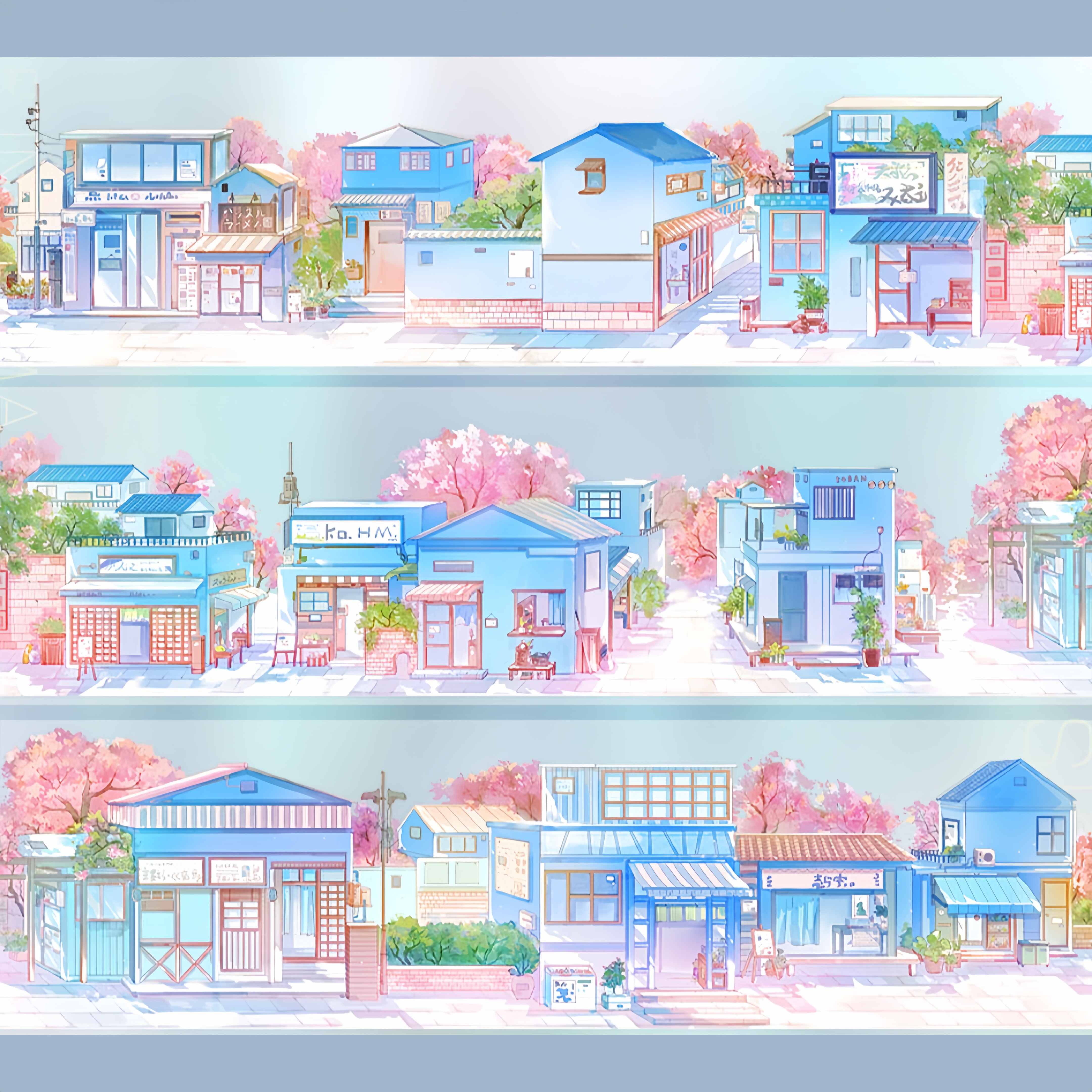 Blue sakura street with pastel storefronts PET tape design