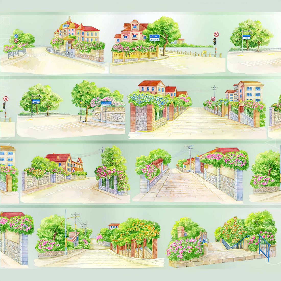 Summer village lane with storefronts and potted plants PET tape design