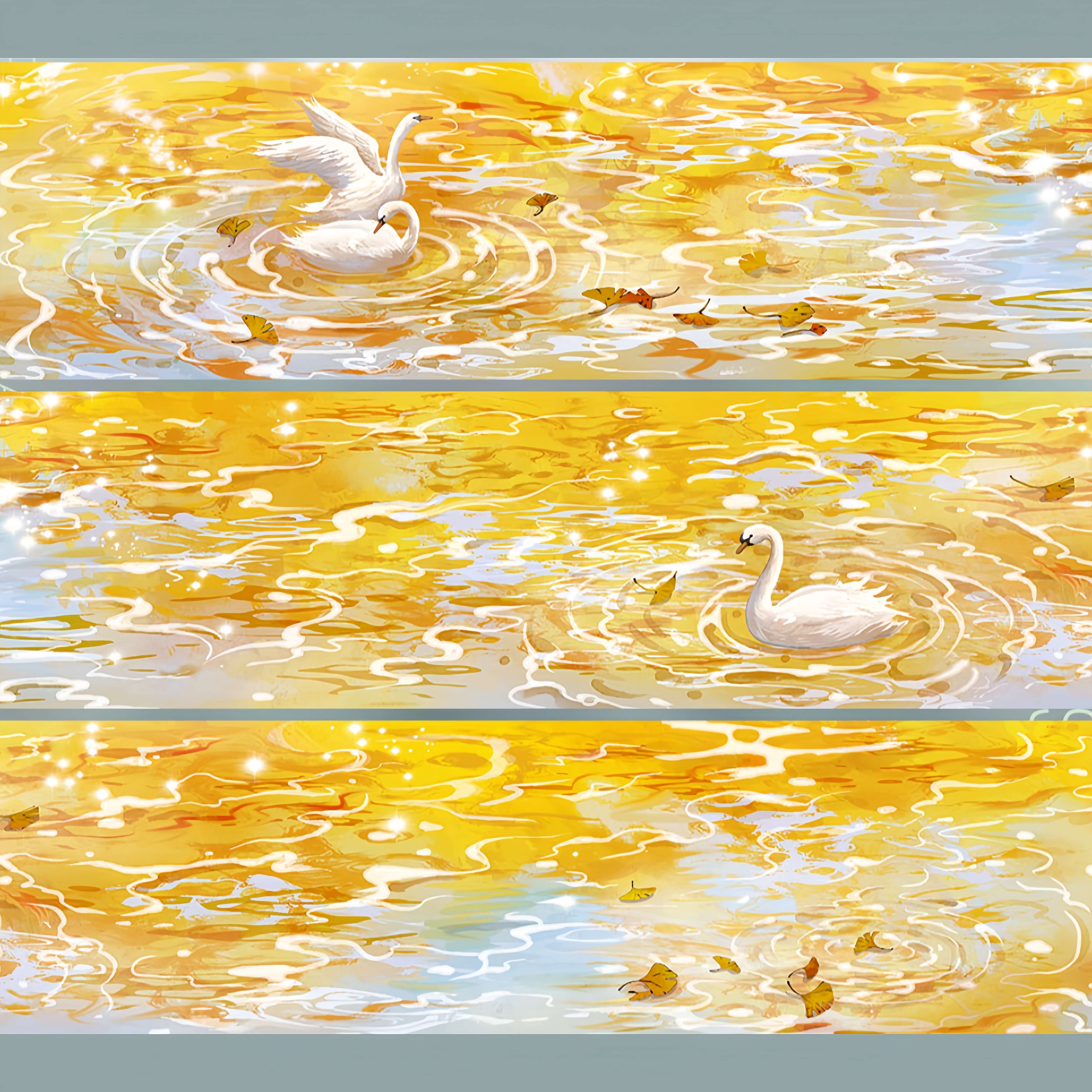 Golden swan pond PET tape design with autumn leaves