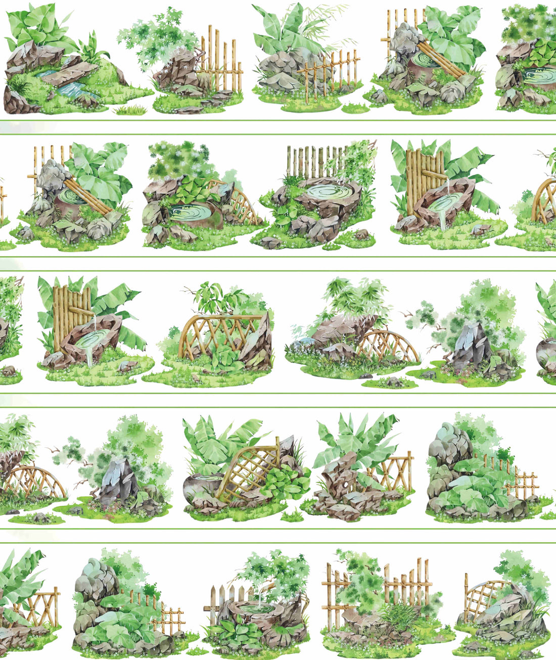 Rustic bamboo fences framing small rock gardens, ponds, and broad-leaf plants