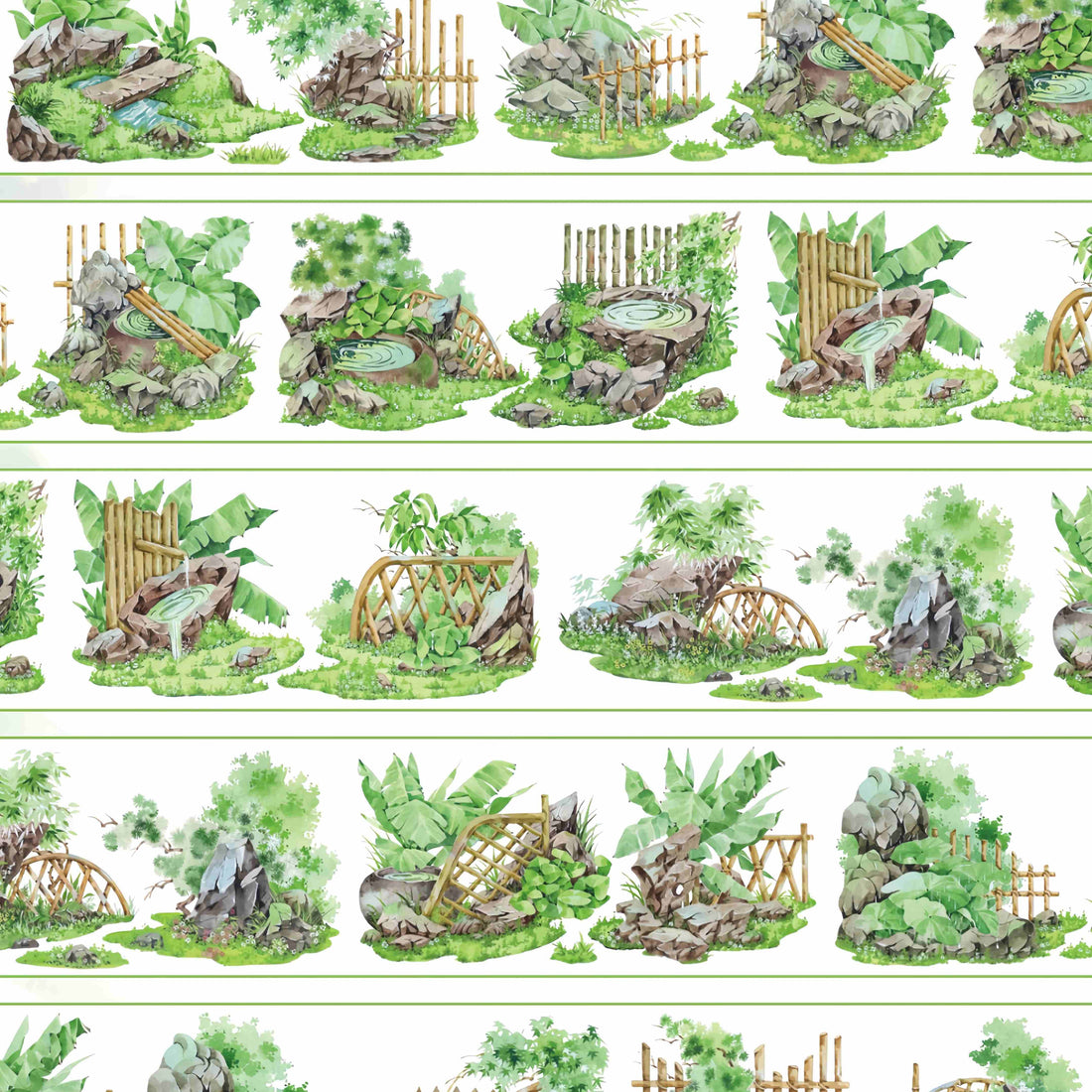 Rustic bamboo fences framing small rock gardens, ponds, and broad-leaf plants