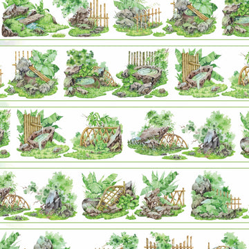 Rustic bamboo fences framing small rock gardens, ponds, and broad-leaf plants