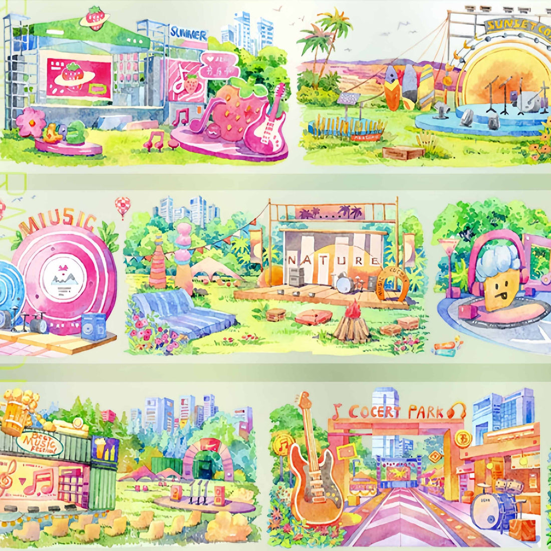 Outdoor music festival with colorful stages and instruments PET tape design