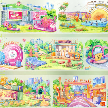Outdoor music festival with colorful stages and instruments PET tape design