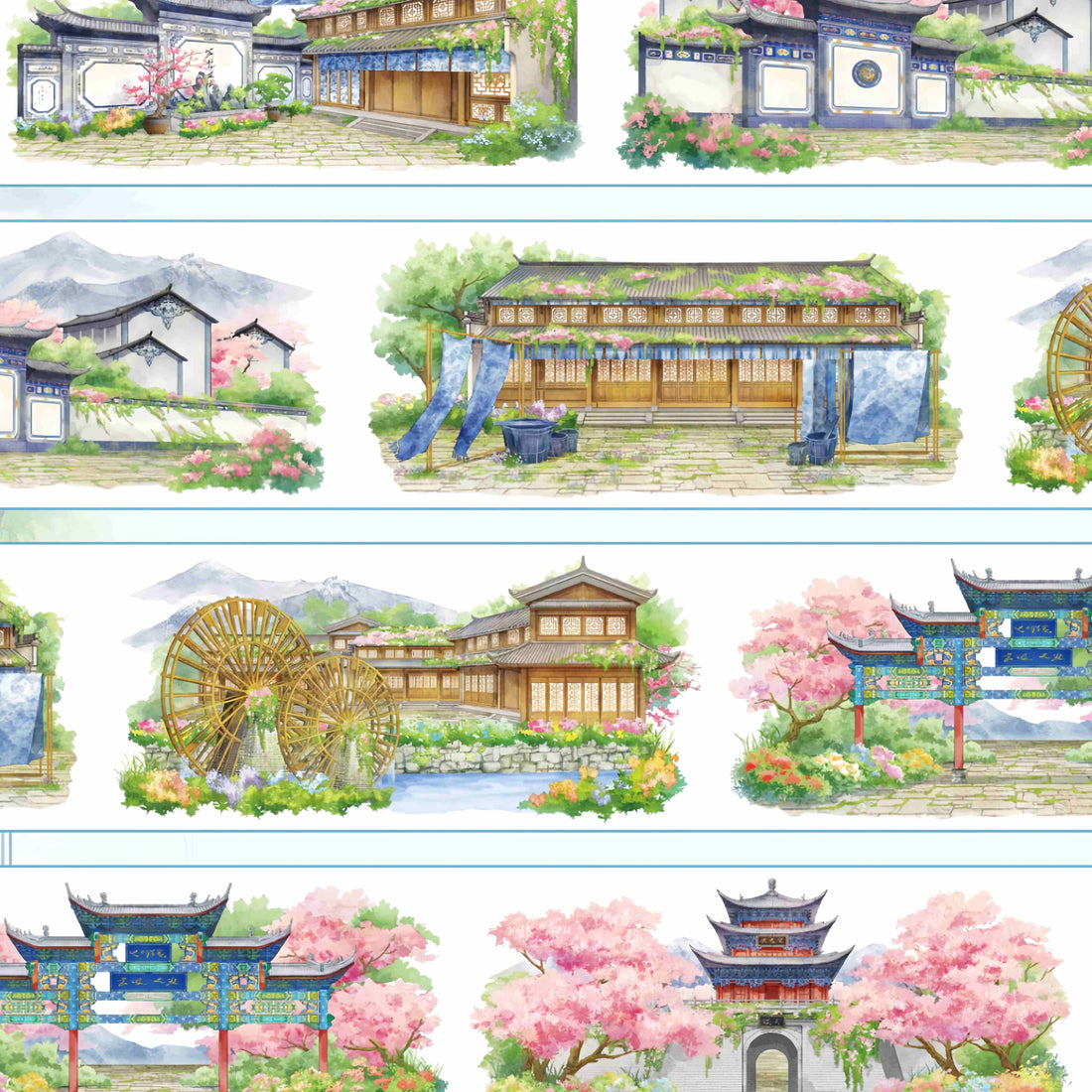 Traditional shopfronts, archways, and a water wheel in an old mountain town